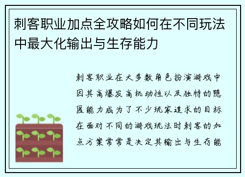 刺客职业加点全攻略如何在不同玩法中最大化输出与生存能力